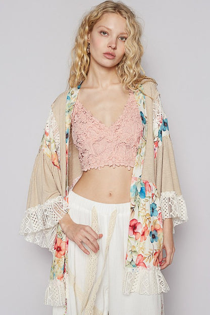 Women's floral crochet detail open front 3/4 sleeve cardigan – feminine and boho-inspired layering piece