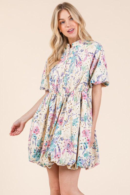 Floral eyelet lace puff sleeve mini shirt dress with delicate lace detailing, a button-up design, and a feminine, chic silhouette.