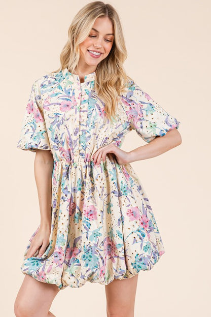 Floral eyelet lace puff sleeve mini shirt dress with delicate lace detailing, a button-up design, and a feminine, chic silhouette.