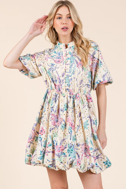 Floral eyelet lace puff sleeve mini shirt dress with delicate lace detailing, a button-up design, and a feminine, chic silhouette.