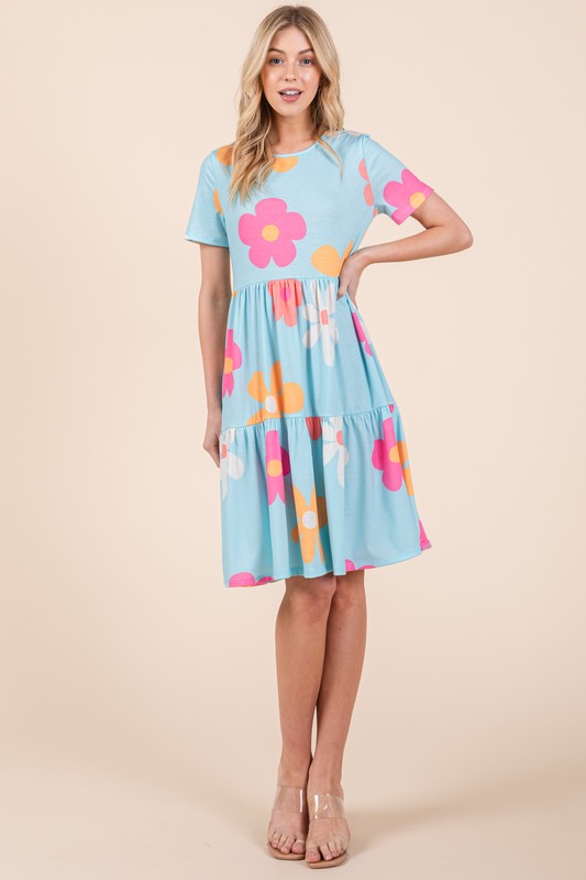 Flowy floral print tiered dress with a round neckline and short sleeves, perfect for a chic and comfortable look.