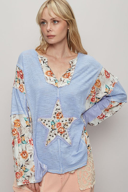 Floral stud detail star patch long sleeve T-shirt with notched sleeves, stylish & casual-chic.