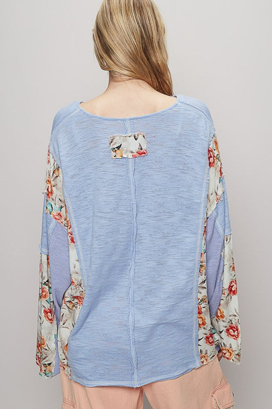 Floral stud detail star patch long sleeve T-shirt with notched sleeves, stylish & casual-chic.