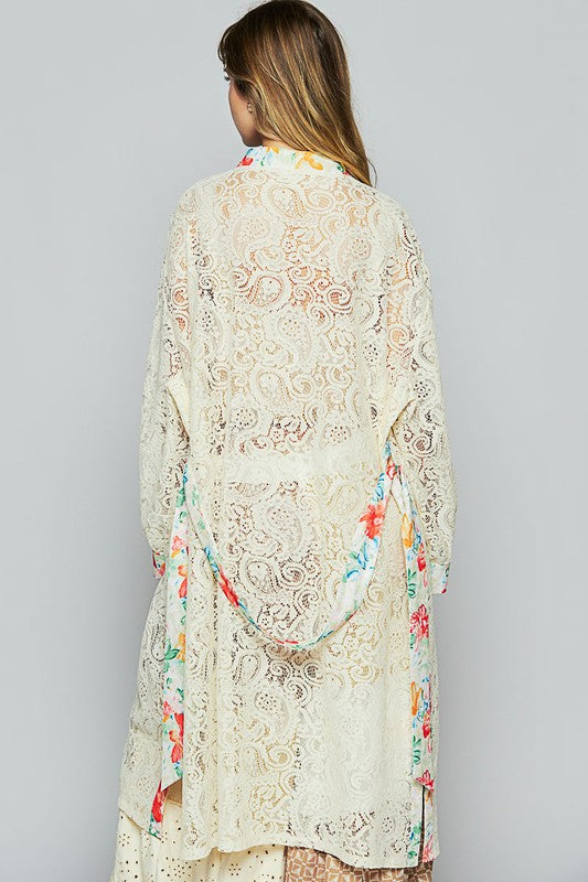 Women's floral trim lace open front longline cardigan – elegant and lightweight