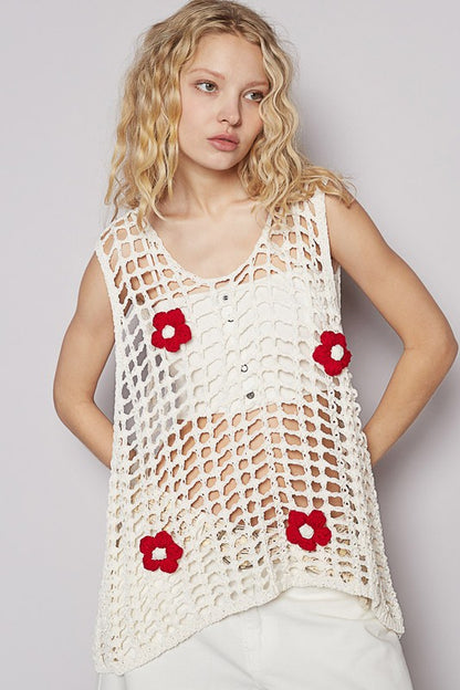 Women's flower crochet scoop neck sleeveless knit cover-up – bohemian and chic