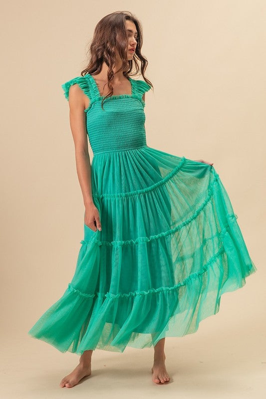 Romantic frill mesh tiered midi dress with a flowy silhouette, perfect for elegant occasions.