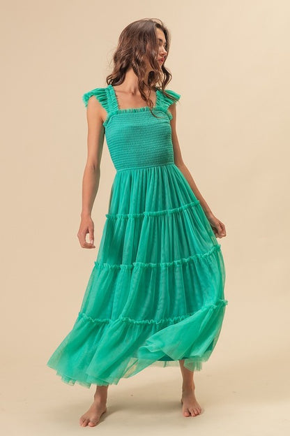 Romantic frill mesh tiered midi dress with a flowy silhouette, perfect for elegant occasions.