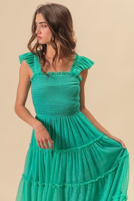 Romantic frill mesh tiered midi dress with a flowy silhouette, perfect for elegant occasions.