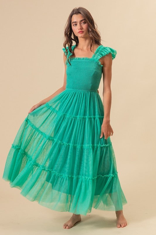 Romantic frill mesh tiered midi dress with a flowy silhouette, perfect for elegant occasions.