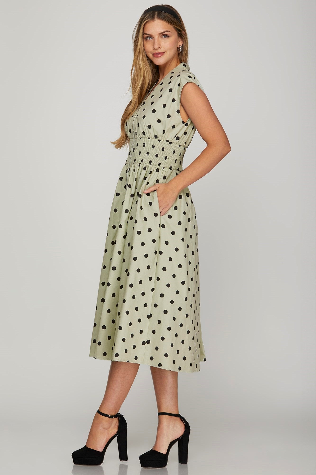 Stylish front zip polka dots cap sleeve midi dress featuring a playful yet elegant design, perfect for versatile wear.