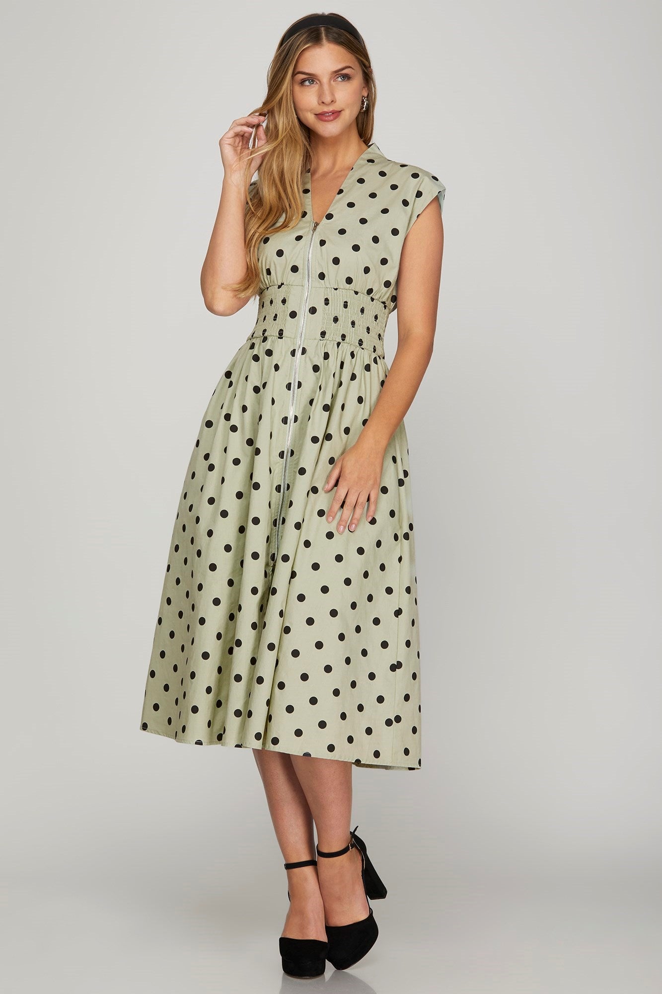 Stylish front zip polka dots cap sleeve midi dress featuring a playful yet elegant design, perfect for versatile wear.