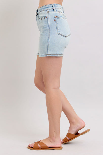 Plus-size full-length 2-button denim shorts with pockets, designed for comfort & casual summer style.