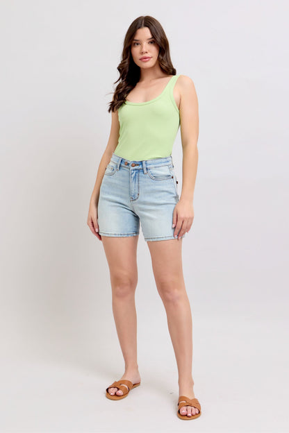 Plus-size full-length 2-button denim shorts with pockets, designed for comfort & casual summer style.