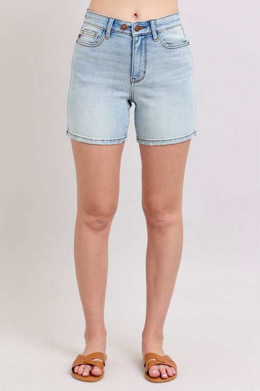 Plus-size full-length 2-button denim shorts with pockets, designed for comfort & casual summer style.