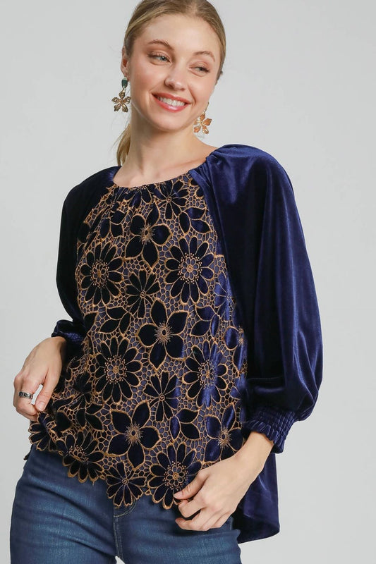 Floral lace velvet top with raglan sleeves, offering a sophisticated and romantic plus-size style perfect for various occasions.