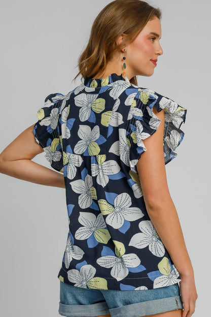 Feminine floral print ruffled cap sleeve babydoll blouse with a flattering silhouette, perfect for casual and dressy outfits.