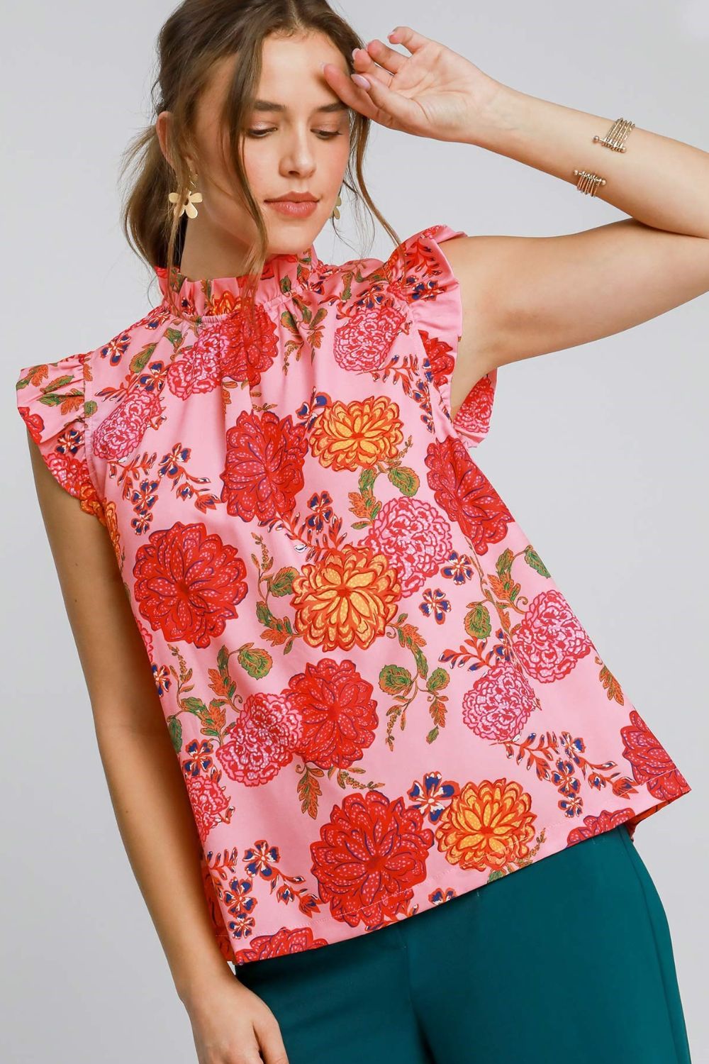 Elegant plus size floral print blouse with ruffled cap sleeves, perfect for a feminine and stylish look.