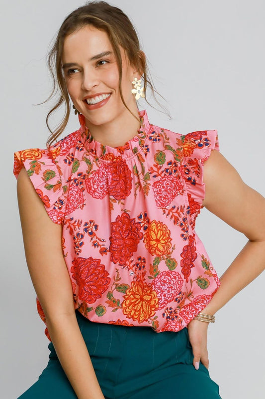 Elegant plus size floral print blouse with ruffled cap sleeves, perfect for a feminine and stylish look.