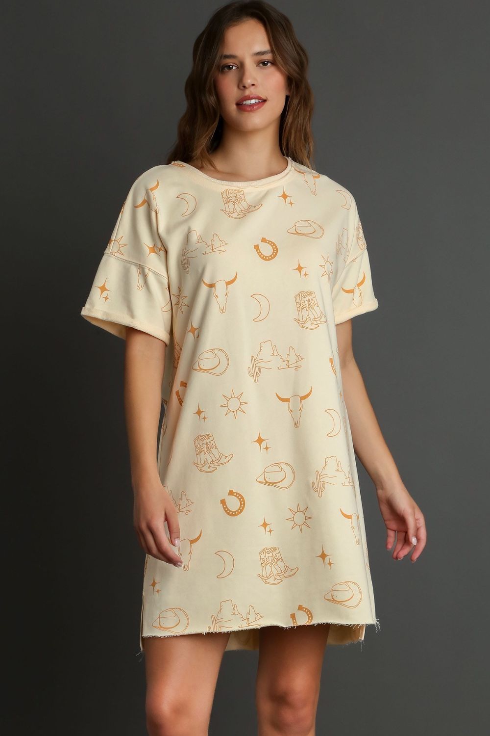 Comfortable French terry short sleeve round neck dress with a relaxed fit, perfect for casual and everyday wear.