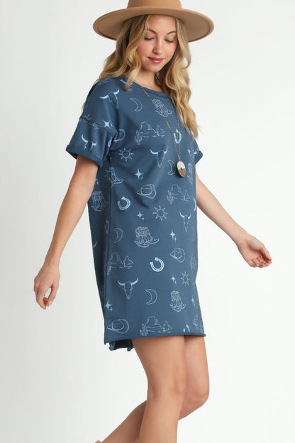 Comfortable French terry short sleeve round neck dress, perfect for casual outings or lounging in style.