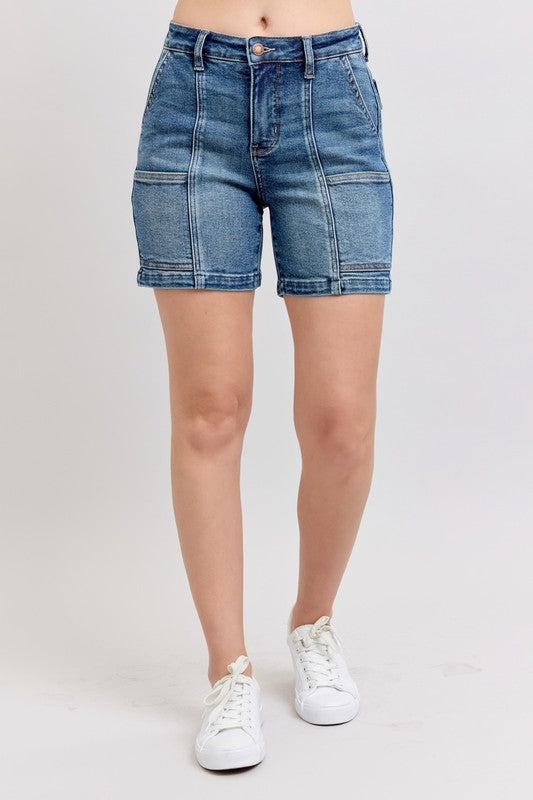 Full-size high-rise denim shorts with a flattering fit and functional pockets.