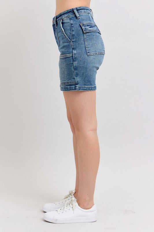 Full-size high-rise denim shorts with a flattering fit and functional pockets.