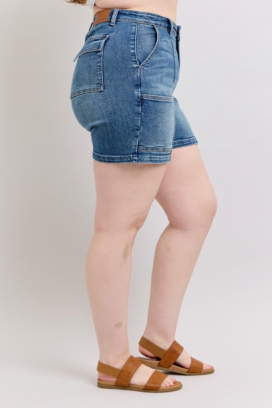 Full-size high-rise denim shorts with a flattering fit and functional pockets.