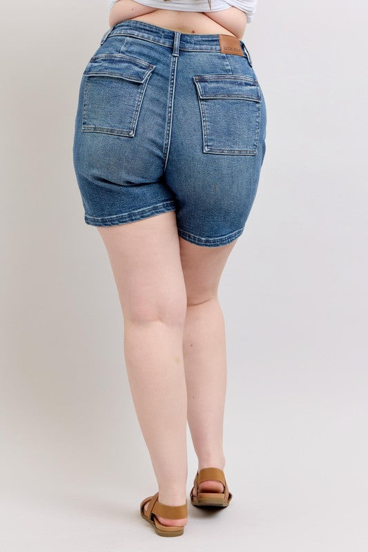 Full-size high-rise denim shorts with a flattering fit and functional pockets.