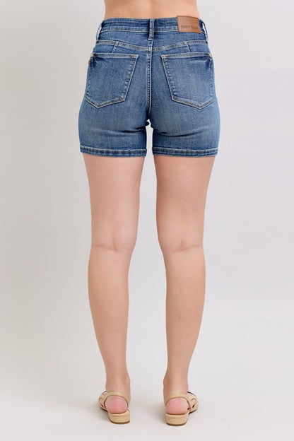 Full size high waist denim shorts in a classic and flattering fit, perfect for plus-size fashion