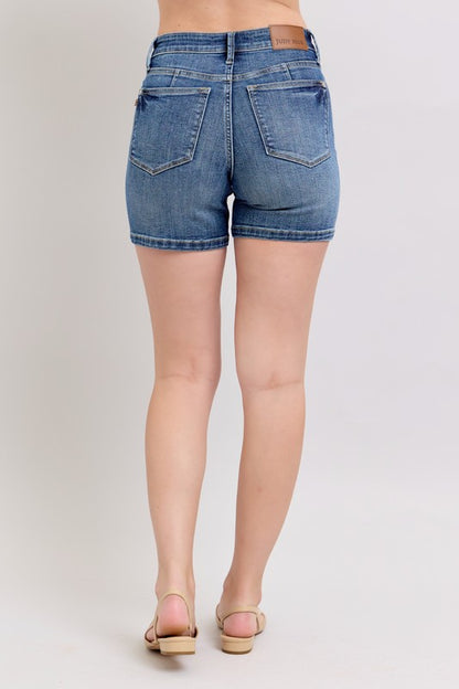 Full size high waist denim shorts in a classic and flattering fit, perfect for plus-size fashion