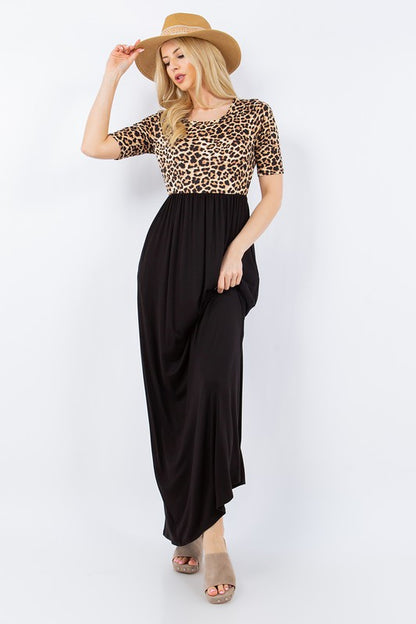 Women's full-size leopard round neck maxi dress with pockets – chic and comfortable