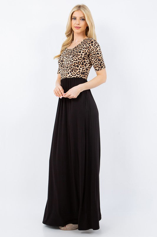 Women's full-size leopard round neck maxi dress with pockets – chic and comfortable