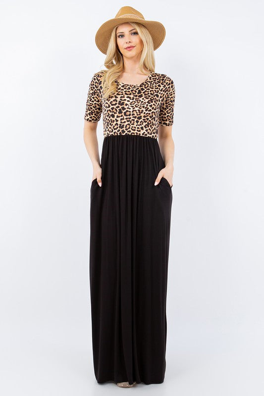 Women's full-size leopard round neck maxi dress with pockets – chic and comfortable