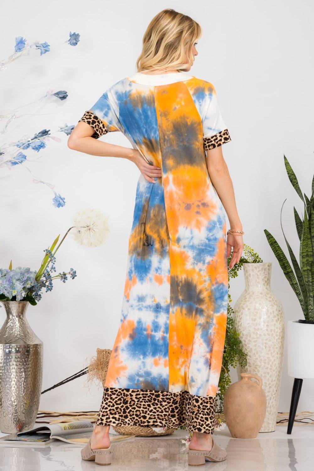 Women's full-size leopard tie-dye button detail short sleeve maxi dress – bold and chic fashion