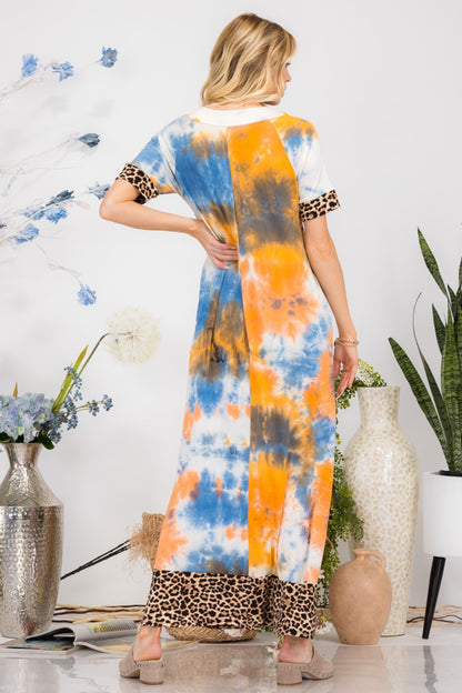 Women's full-size leopard tie-dye button detail short sleeve maxi dress – bold and chic fashion