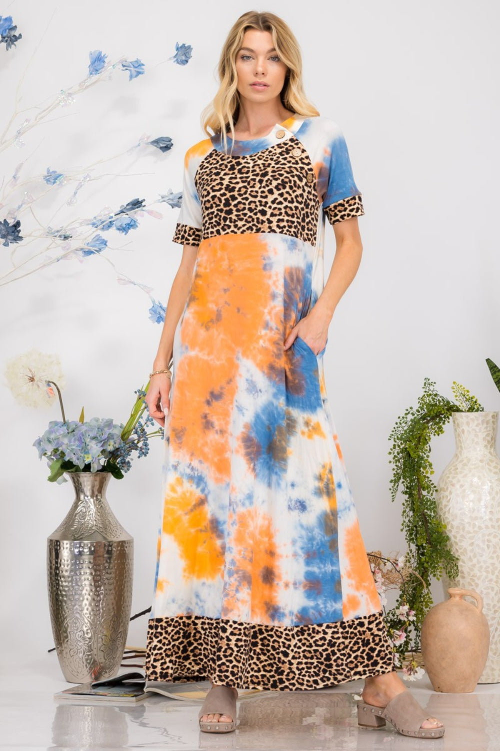 Women's full-size leopard tie-dye button detail short sleeve maxi dress – bold and chic fashion