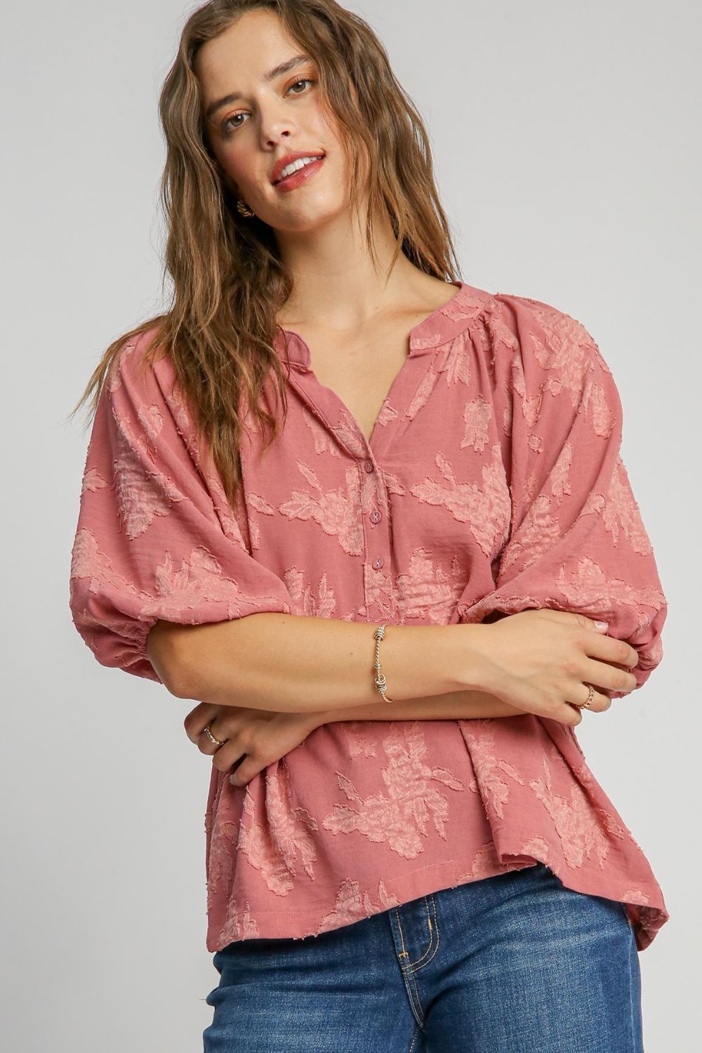 Elegant notched button detail blouse with half sleeves, perfect for a chic and versatile look