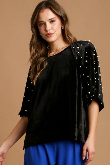 Elegant full-size velvet round neck top with pearl embellishments on the sleeves, perfect for a sophisticated look.