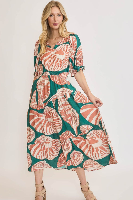 Printed midi dress with notched neckline, puff sleeves, and ruffle details—perfect for a chic and flattering plus-size look.