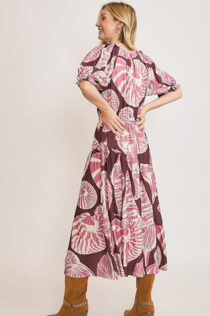 Printed notched puff sleeve midi dress with ruched and ruffled details, designed for a chic and feminine plus-size look.