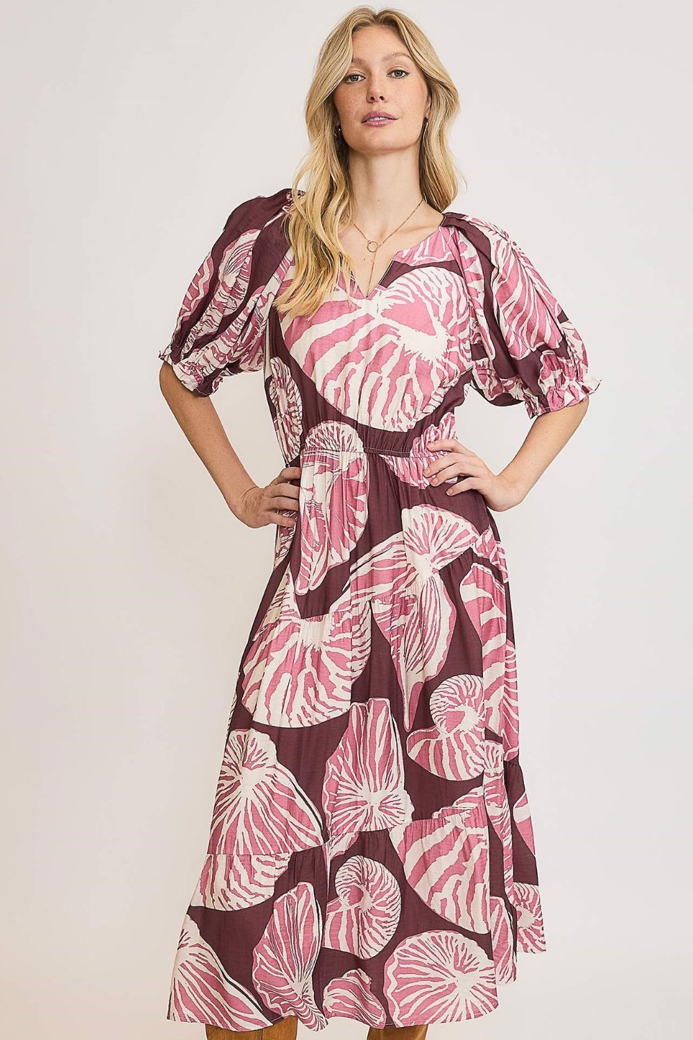 Printed notched puff sleeve midi dress with ruched and ruffled details, designed for a chic and feminine plus-size look.