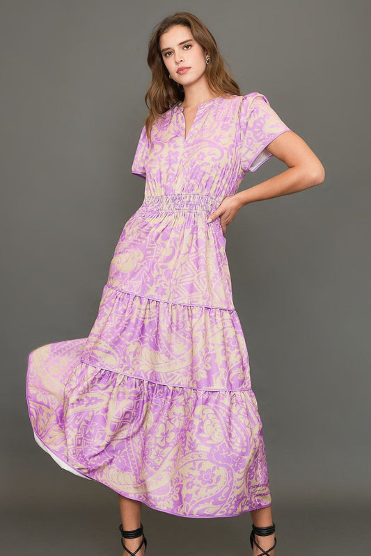 Printed notched short sleeve tiered dress with smocked waist and flowy silhouette, designed for a feminine and flattering plus-size fit.