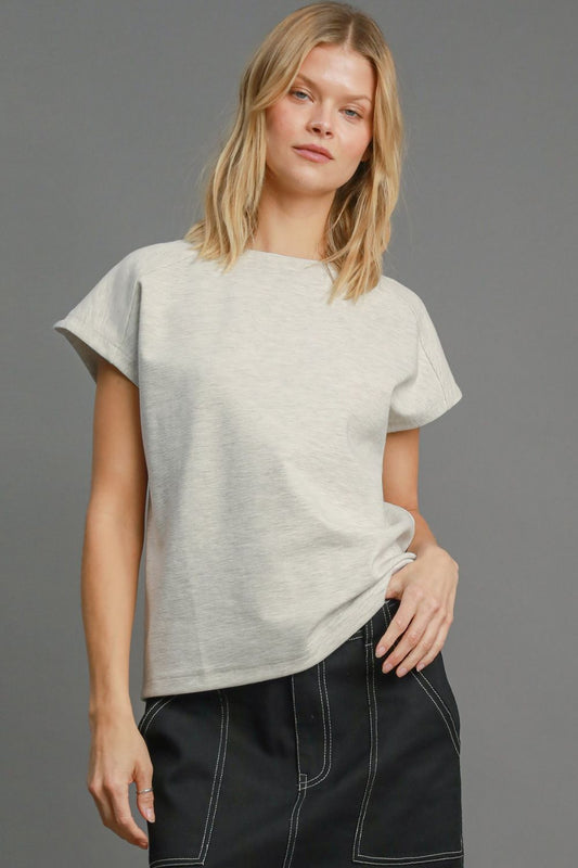 Rib knit round neck short sleeve T-shirt with slight stretch, designed for comfortable and versatile plus-size everyday wear.