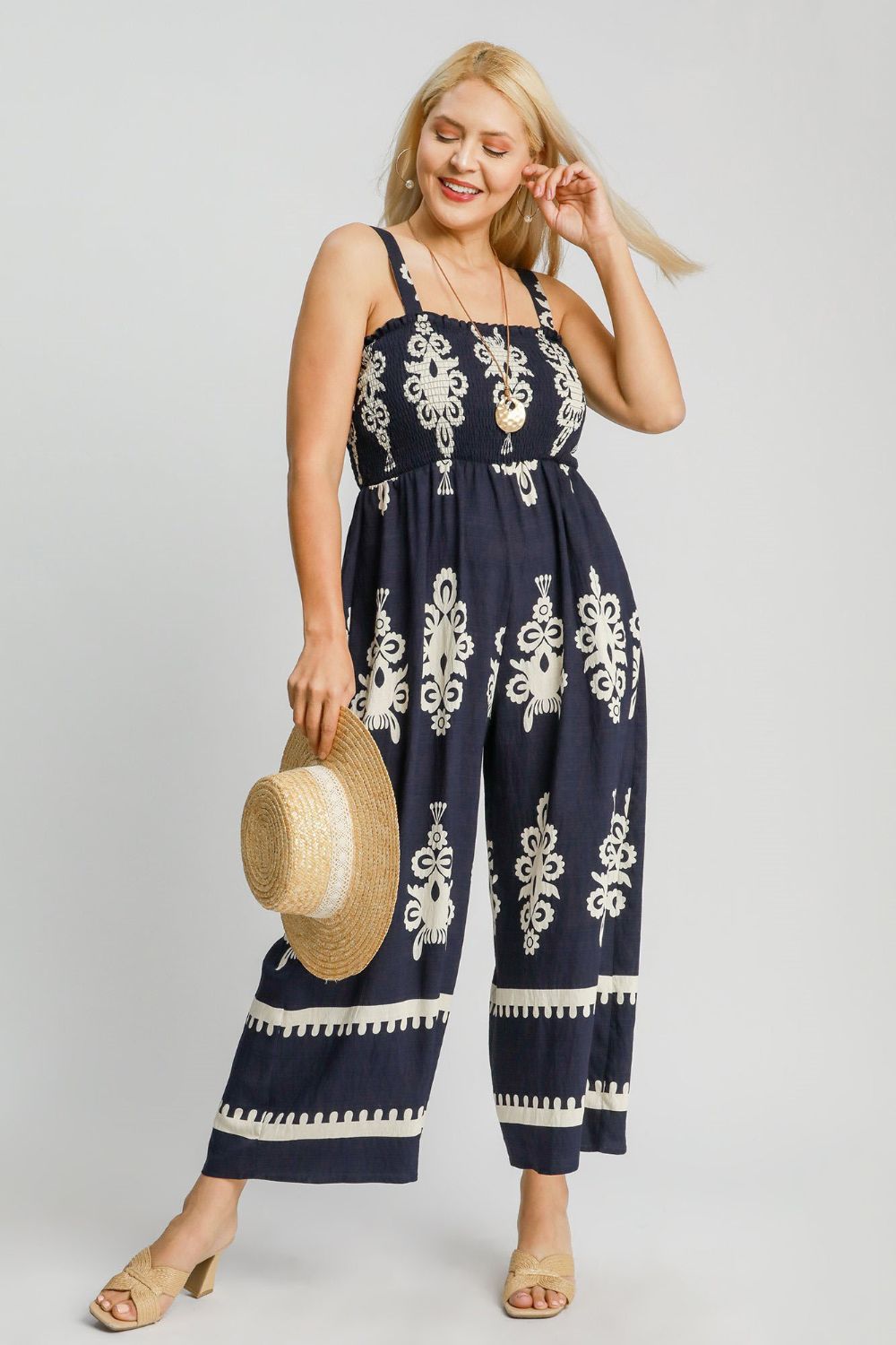 Smocked printed wide-leg jumpsuit with a flattering fit and breezy silhouette, perfect for plus-size summer styling.