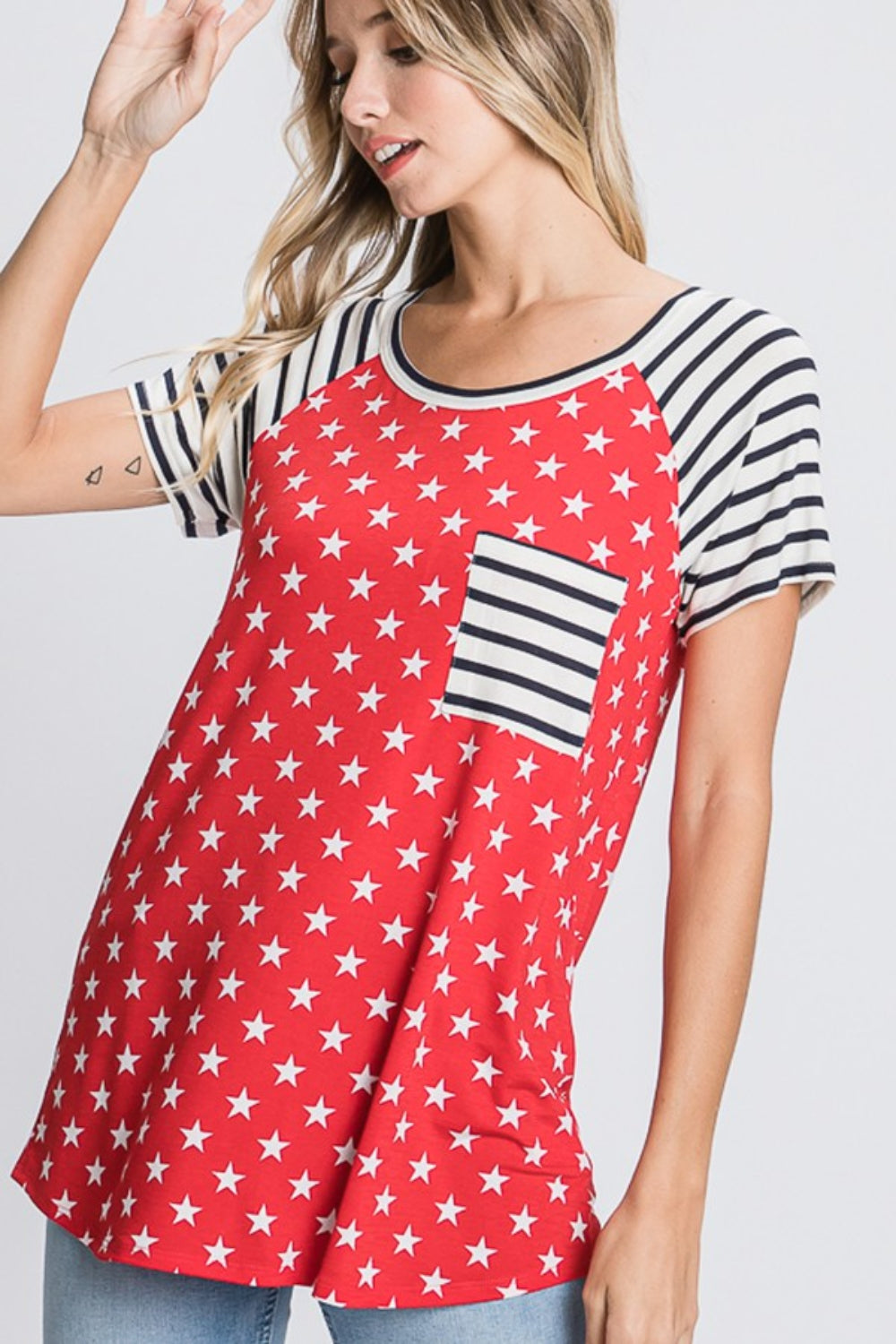 Women's full-size star & striped round neck short sleeve t-shirt – plus size patriotic and stylish wear