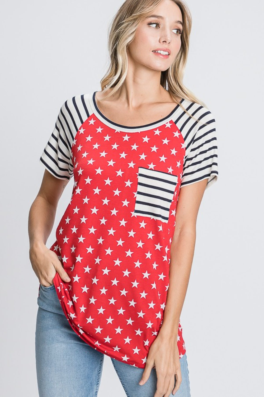 Women's full-size star & striped round neck short sleeve t-shirt – plus size patriotic and stylish wear