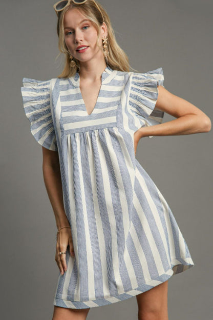 Stylish striped mini dress with a notched neckline and ruffled cap sleeves, perfect for a chic and playful look.