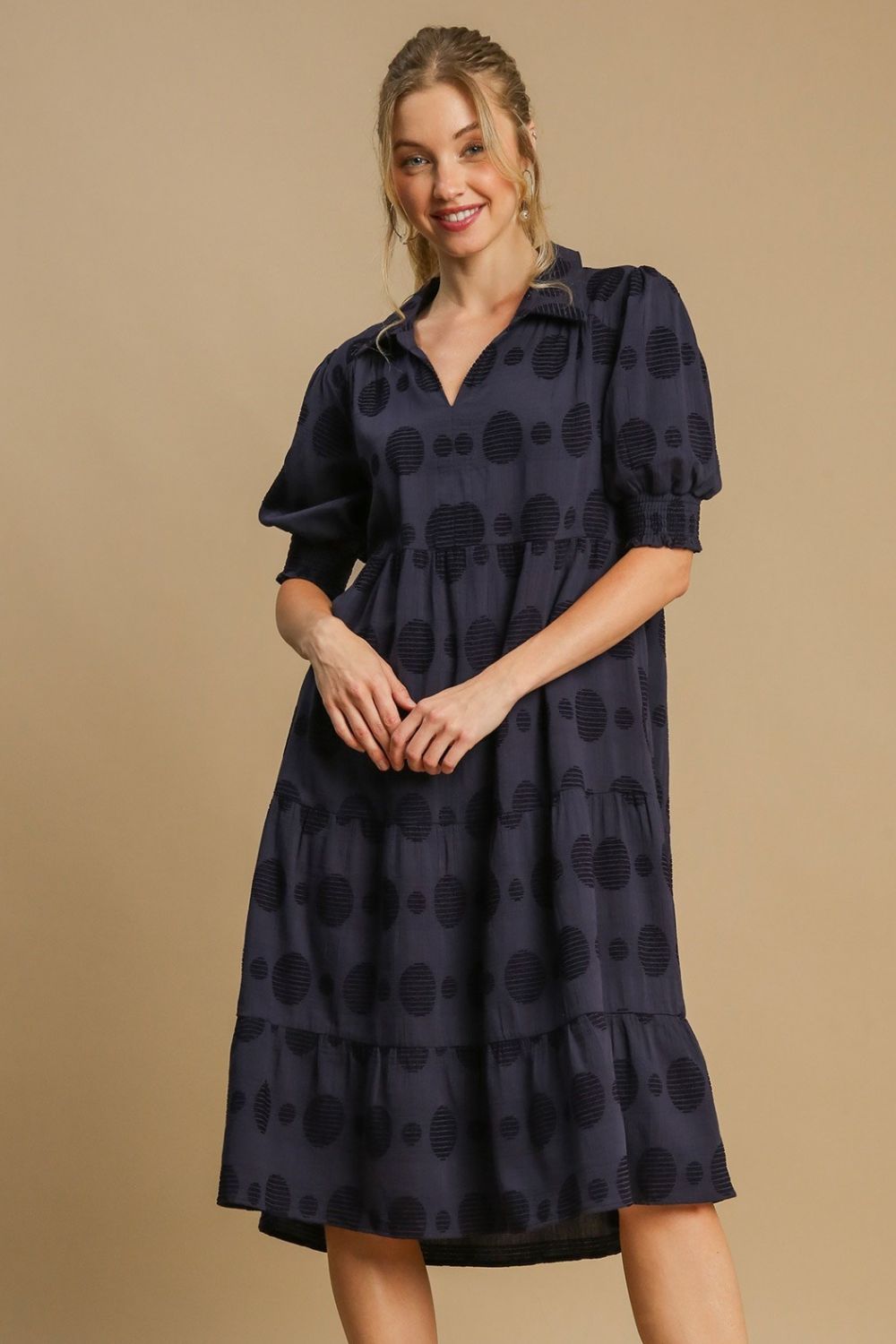 Chic Swiss dot jacquard tiered midi dress with a flowy silhouette, perfect for elegant and timeless styling.