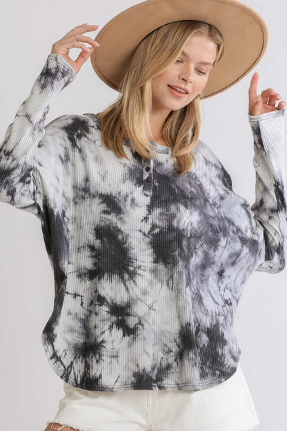 Trendy tie-dye round neck ribbed button front top with a casual-chic style, perfect for everyday wear.