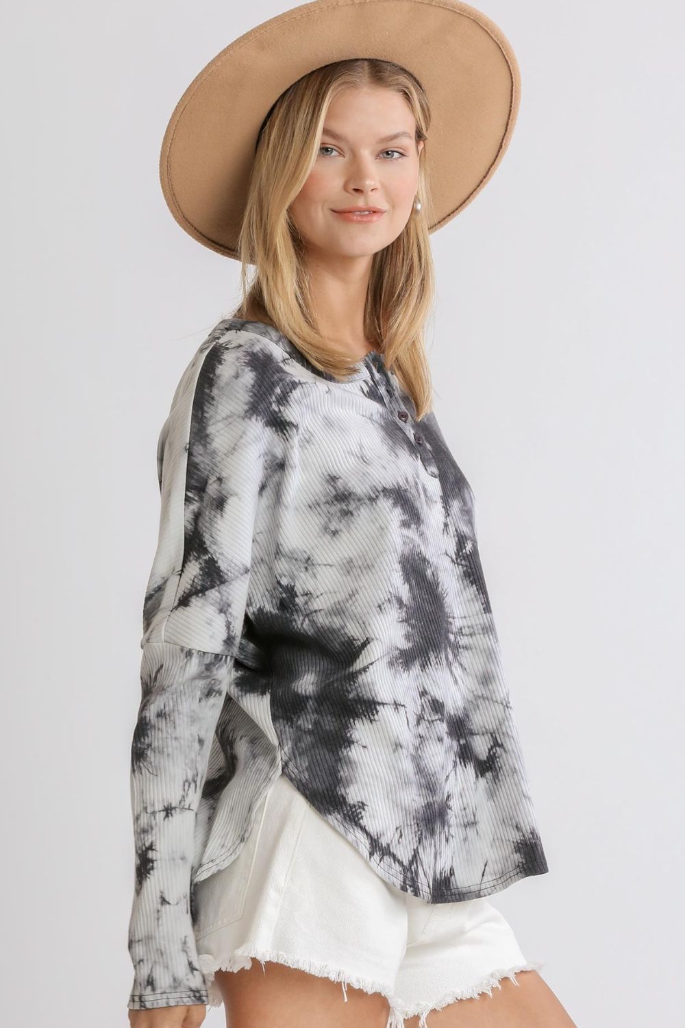 Trendy tie-dye round neck ribbed button front top with a casual-chic style, perfect for everyday wear.